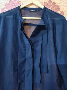 Elegant Navy Blue Sheer Blouse