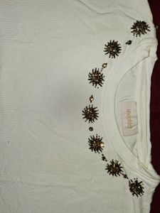 White Beaded Neckline T-Shirt [Top#1]