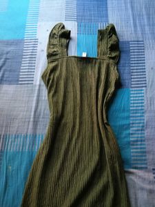 Olive Ribbed Midi Dress with Slit