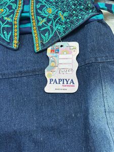 Girls Teal Blue Striped Kurta with Denim Skirt