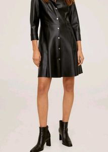 mango Black Faux Leather Button-Up Dress