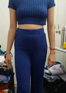 Blue Ribbed Crop Top &amp; Flare Pants Set