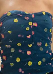 Teal Blue Floral Embroidered Ruched Tube Top
