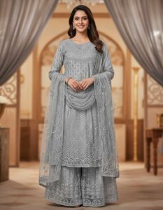 Elegant Silver Sequined Kurta Set with Dupatta