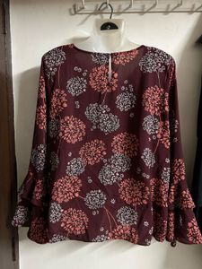 Maroon Floral Print Flared Top