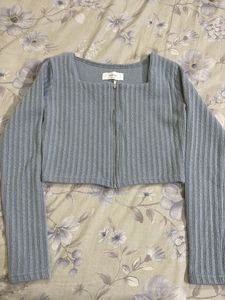 Blue Ribbed Zip-Up Cropped Top