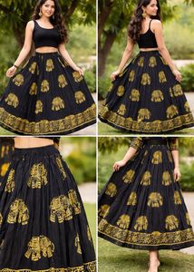 Black & Gold Elephant Print Ethnic Skirt