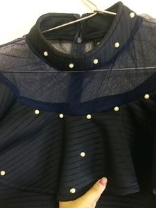 Elegant Pearl Embellished Mesh Top