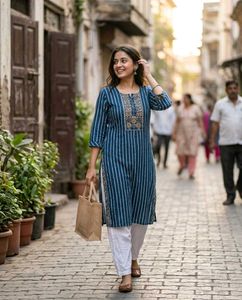 Blue Striped Kurta Set with Embroidery