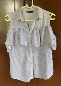 Blue Striped Cold Shoulder Ruffle Top