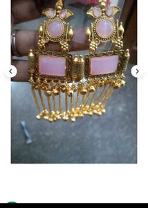 Elegant Gold Toned Dangle Earrings with Pink Accen