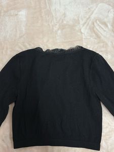 Black Cropped Long Sleeve Top with Lace Trim