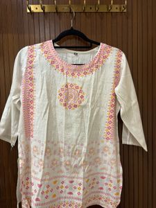 White Kurta with Pink &amp; Yellow Print