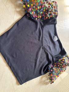 Black Top with Colorful Polka Dot Sleeves