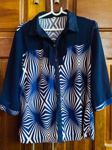 Stylish Blue Geometric Print Button-Up Top
