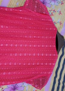 Elegant Pink Lace Kurta with Pearl Neckline