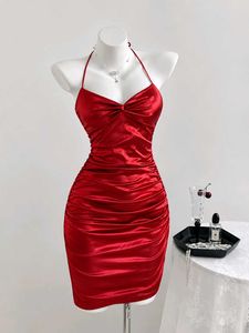 Stunning Red Satin Ruched Halter Dress