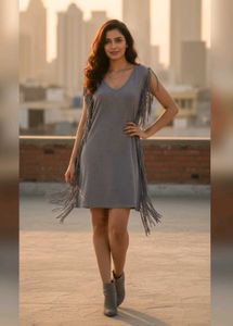Stylish Grey Fringed Tunic Top/Dress