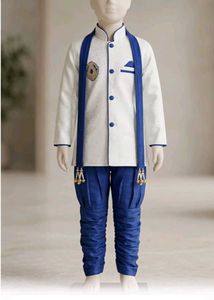 Boys White Kurta with Blue Pyjama Set