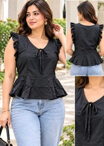 Chic Charcoal Peplum Top with Ruffle Sleeves