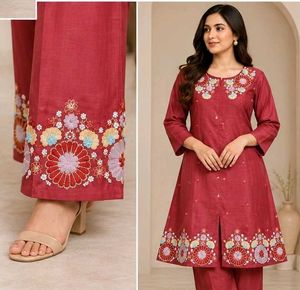 Maroon Embroidered Kurta
