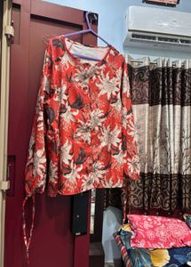 Red Floral Print Button-Up Top