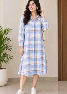 Light Blue Plaid Midi Shirt Dress