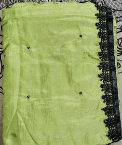 Lime Green Saree with Black Lace Border