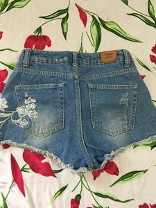 Denim  Shorts with Floral Lace Detail