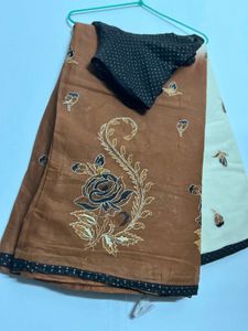 Elegant Brown &amp; Cream Saree with stitched Blouse