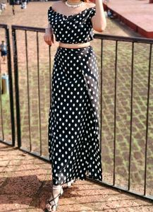 Polka Dot Off-Shoulder Crop Top with slit skirt