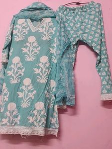 Dailywear Teal & White Block Print Kurta Set