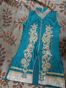 Teal Embroidered Sleeveless Kurti
