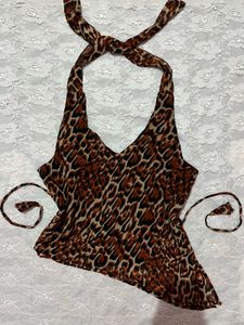 Leopard Print Halter Neck y2k asymmetrical Top