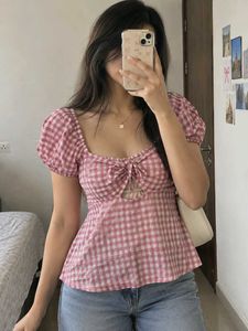 Cute Pink Gingham Twist Front Top