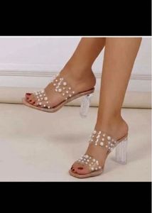 Pearl Embellished Clear Block Heels