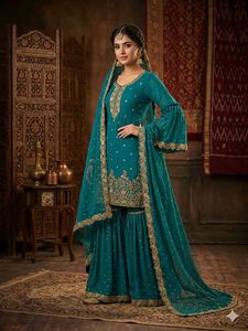 Teal Embroidered Kurta Set with Sharara