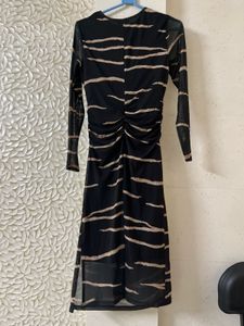Chic Black & Beige Striped Mesh Dress