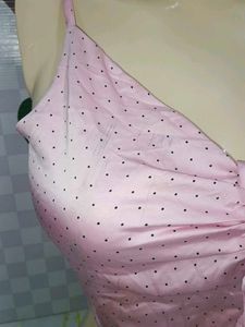 (514)Pink Polka Dot Tie-Front Crop Top