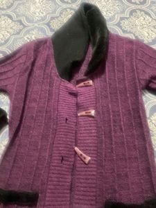 Purple Knit Cardigan with Faux Fur Collar