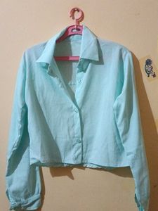 Light Blue Cropped Button-Up Shirt