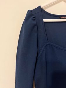 Navy Blue Square Neck Puff Sleeve Dress