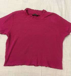 Hot Pink Lettuce Trim Mock Neck Top
