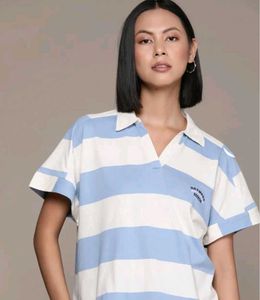 Striped Collared V-Neck Top