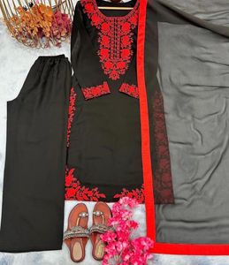 Black &amp; Red Embroidered Kurta Set
