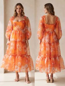 Orange Floral Puff Sleeve Midi Dress