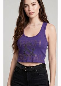 Purple Rhinestone Ribbed Tank Top