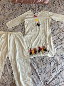 White Kurta Set with Camel Embroidery