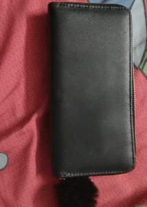 Black Leather Zip-Around Long Wallet with Fluffy P