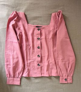 Chic Pink Square Neck Puff Sleeve Top